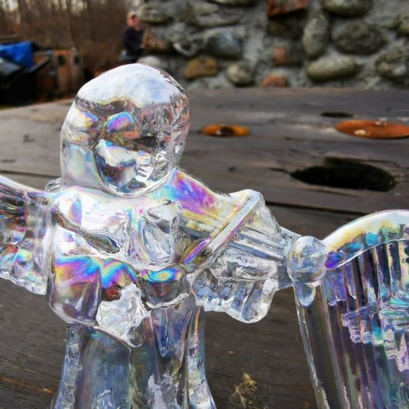 Pair of Iridescent Glass Angels Cherubs Playing Instruments Candle Holders - Picture 7 of 16